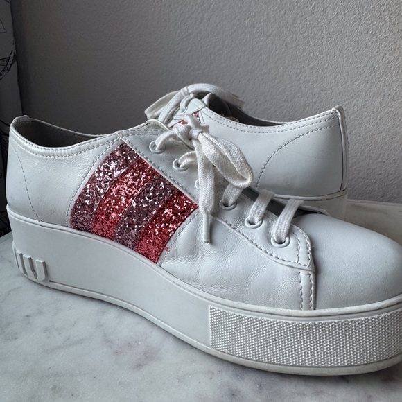 Miu Miu Crystals Glitter White Leather Platform Sneakers Size 10‎ - Picture 7 of 11